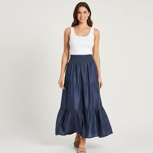intro. Navy Smocked Waist Tiered Maxi Skirt